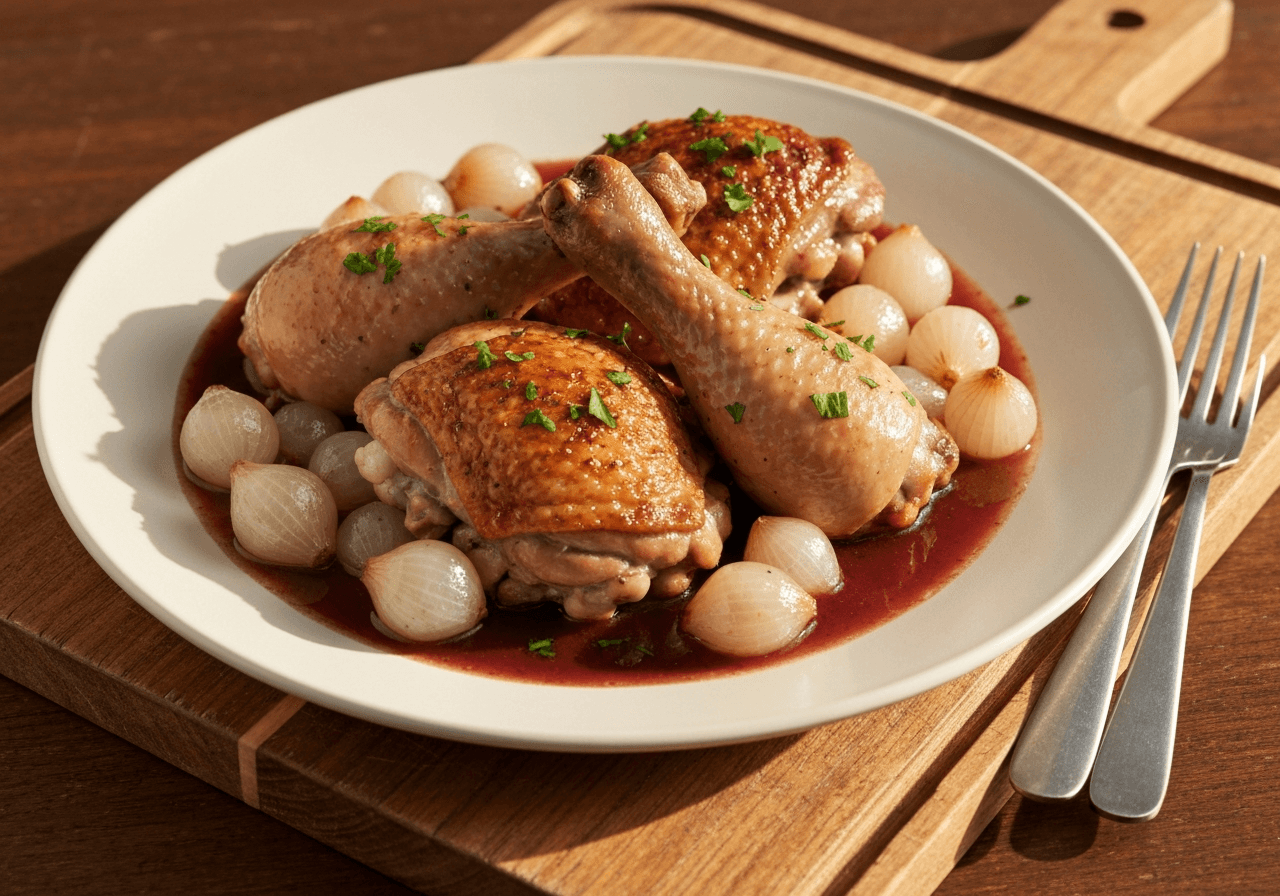 Finished Coq au Vin plated for serving