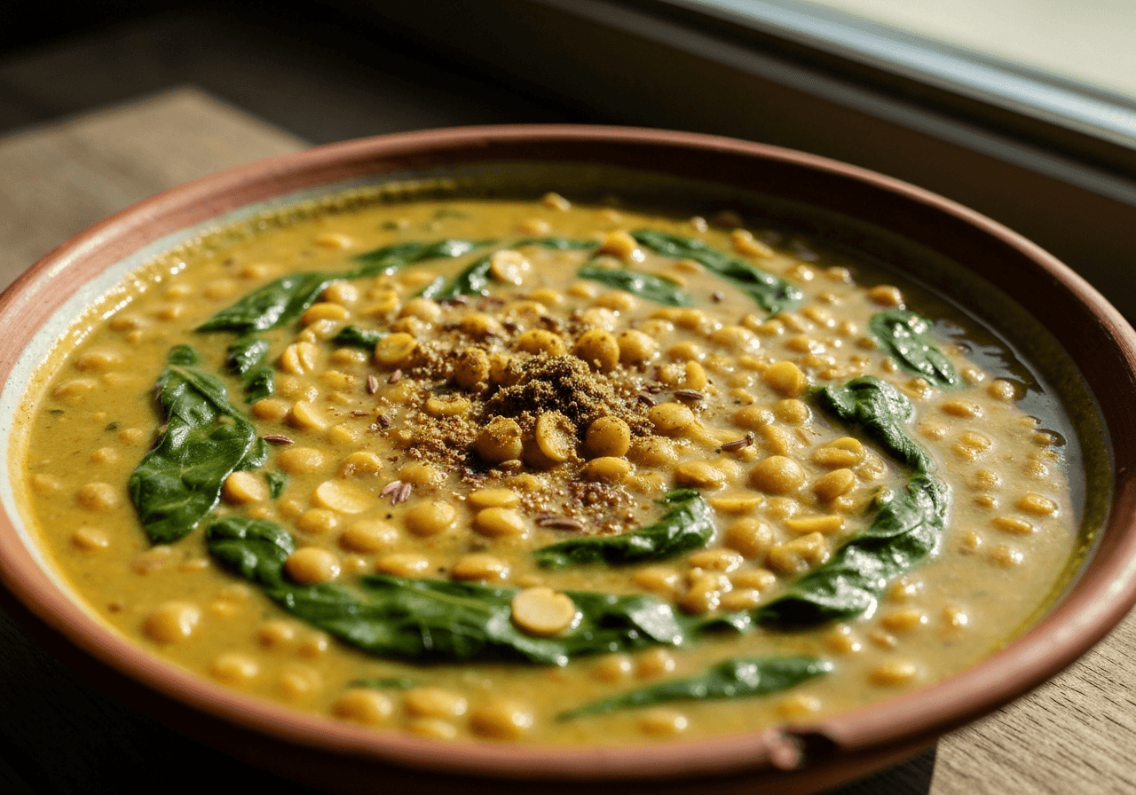 Finished Dal Palak (Spinach Dal) plated for serving