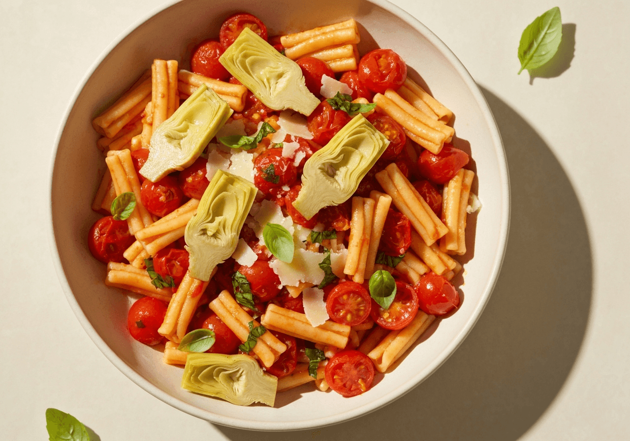Finished Artichoke and Cherry Tomato Pasta plated for serving