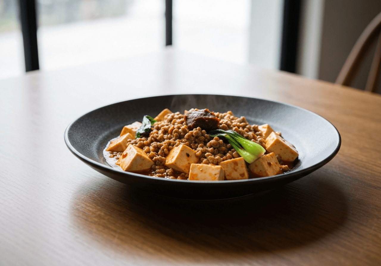 Finished Authentic Mapo Tofu plated for serving