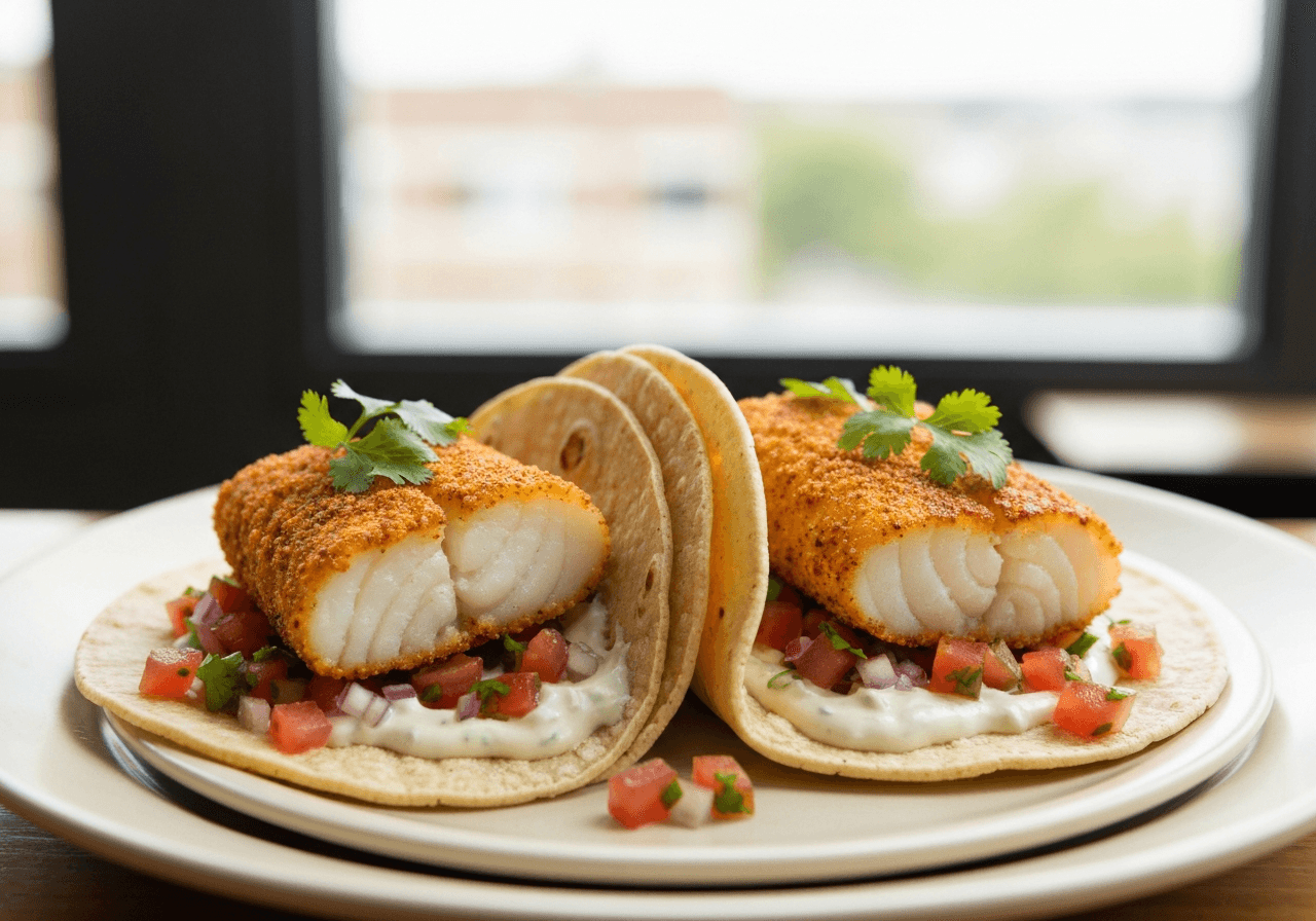 Finished Baja Fish Tacos plated for serving