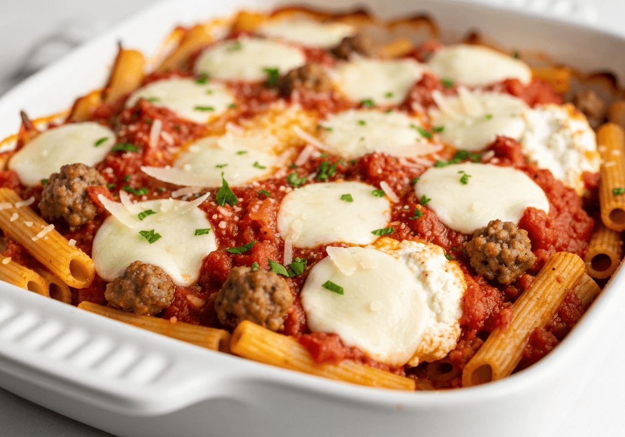 Finished Baked Ziti plated for serving