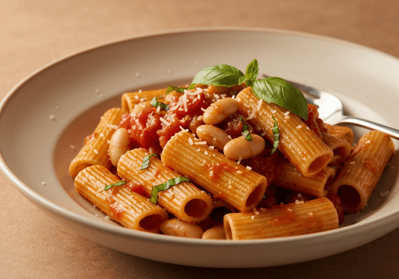 Finished Balsamic-Glazed Tomato and White Bean Pasta plated for serving