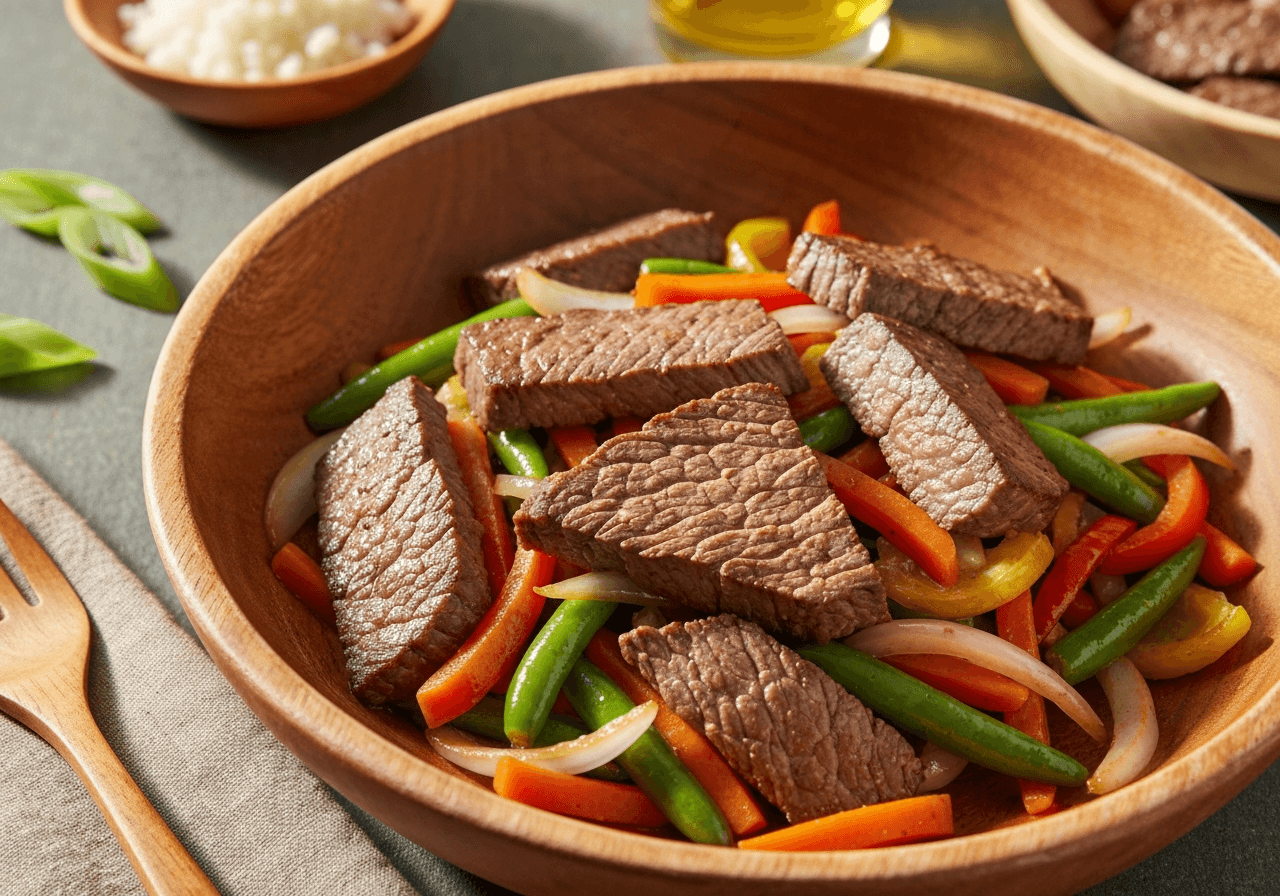 Finished Beef and Vegetable Stir Fry plated for serving