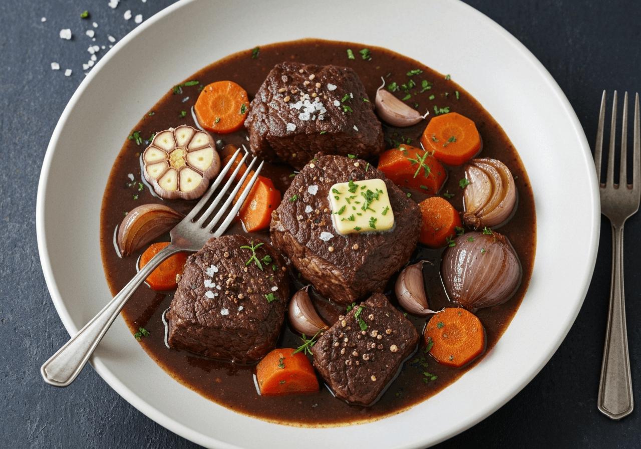 Finished Beef Bourguignon plated for serving