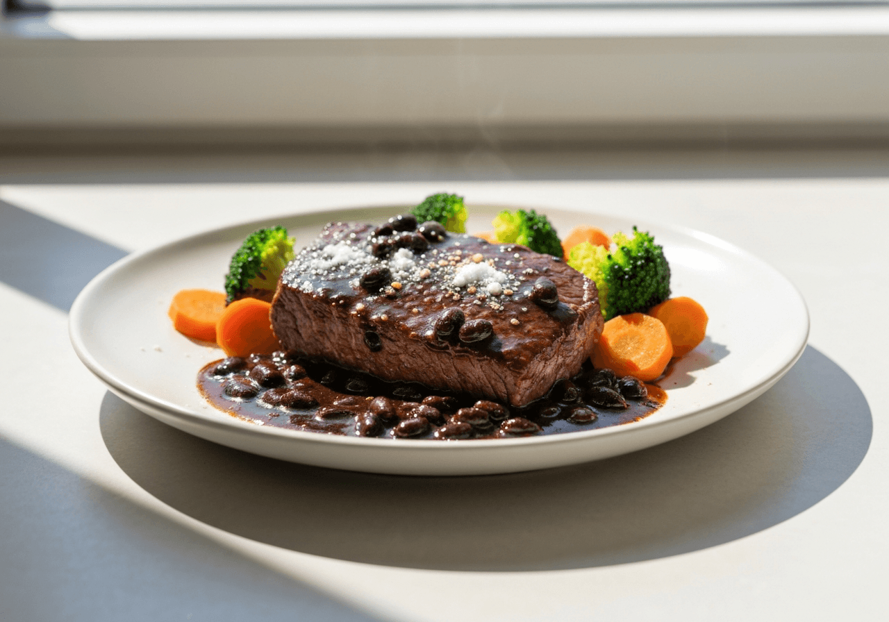Finished Beef in Black Bean Sauce plated for serving