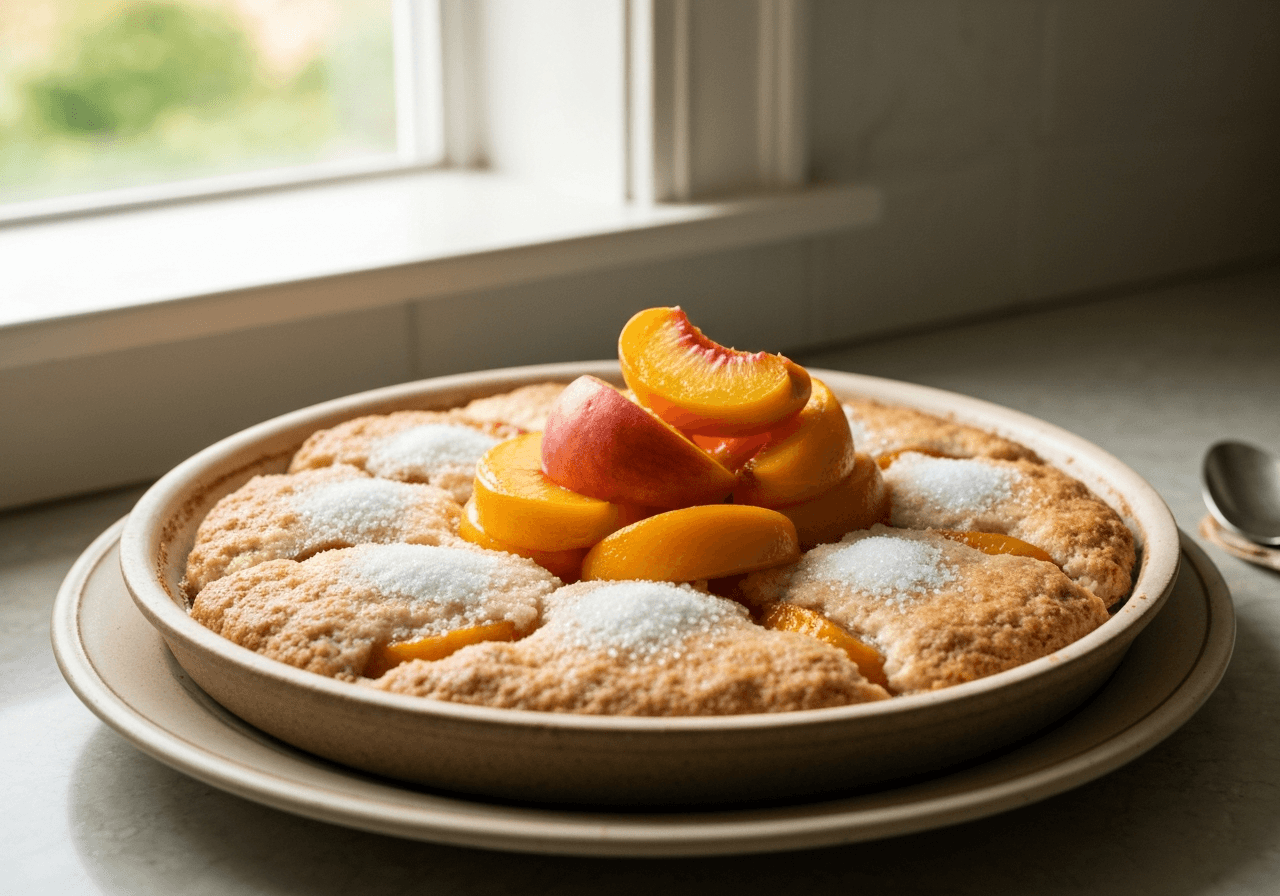 Finished Big Mama's Southern Peach Cobbler plated for serving