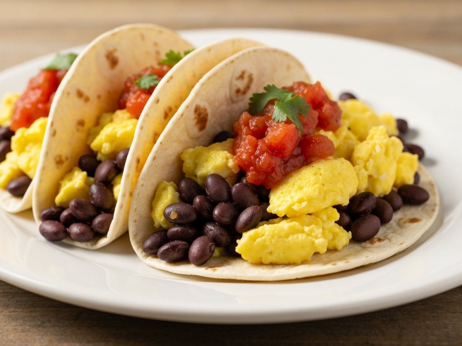 Finished Black Bean Egg Breakfast Tacos plated for serving