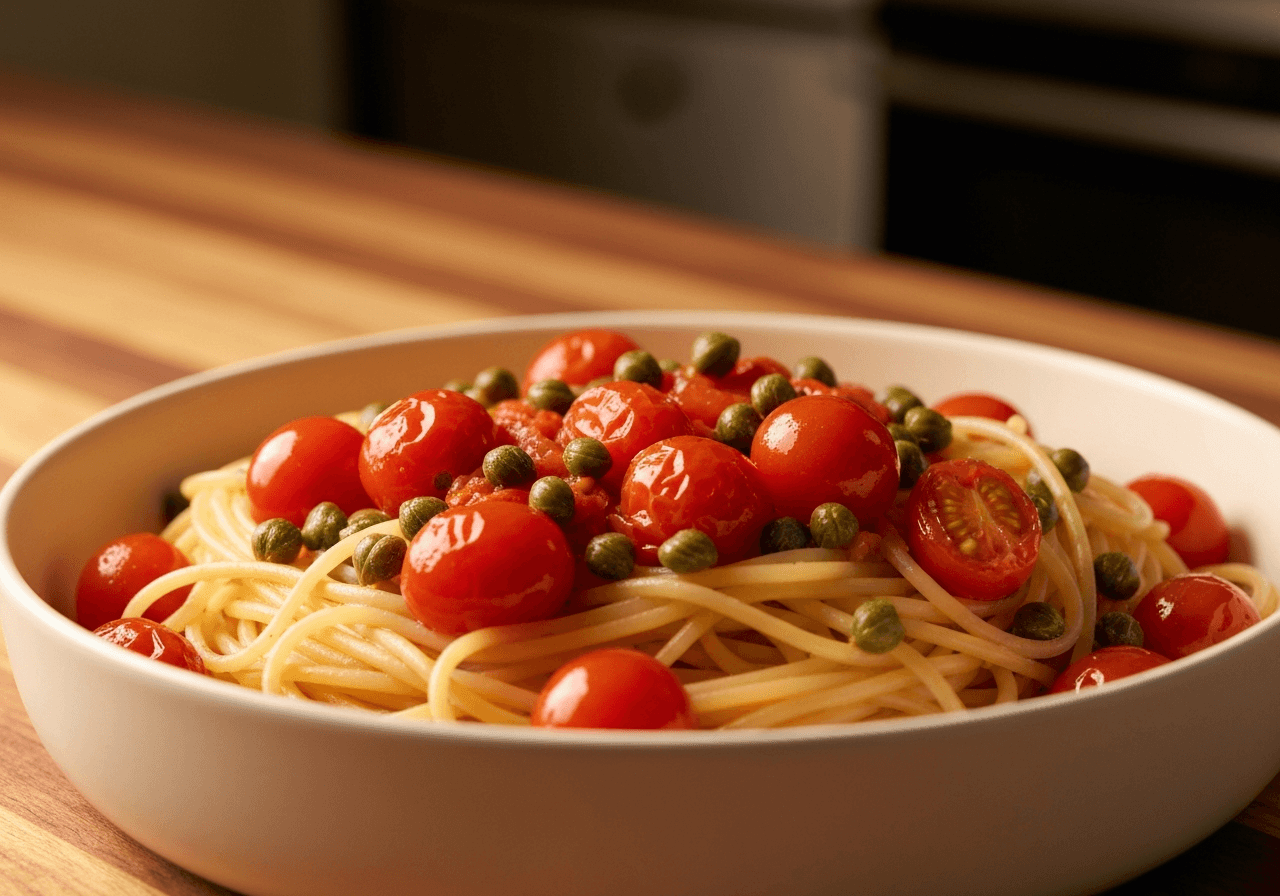 Finished Blistered Cherry Tomato and Caper Pasta plated for serving