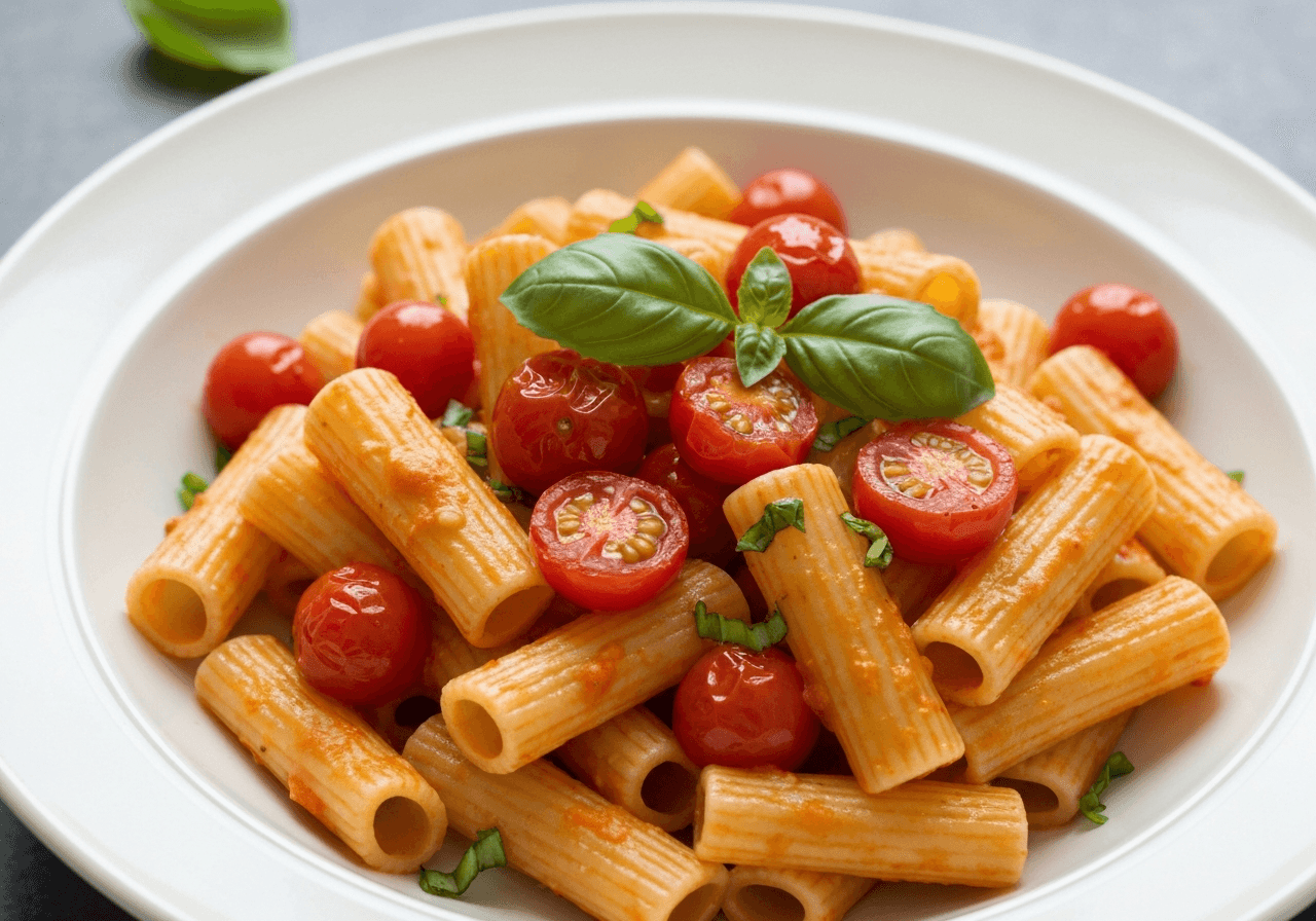 Finished Blistered Cherry Tomato and Ricotta Pasta plated for serving