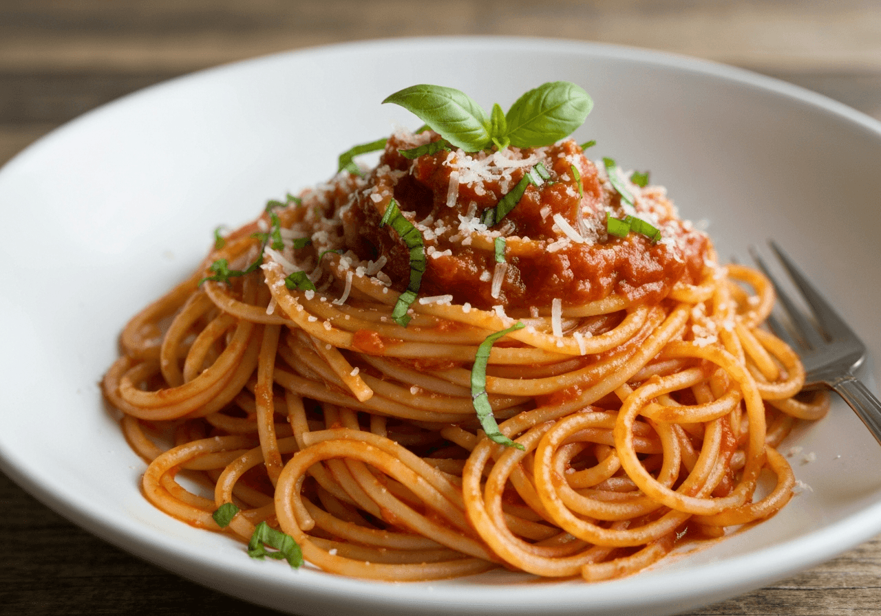 Finished Browned Tomato Paste and Garlic Pasta plated for serving
