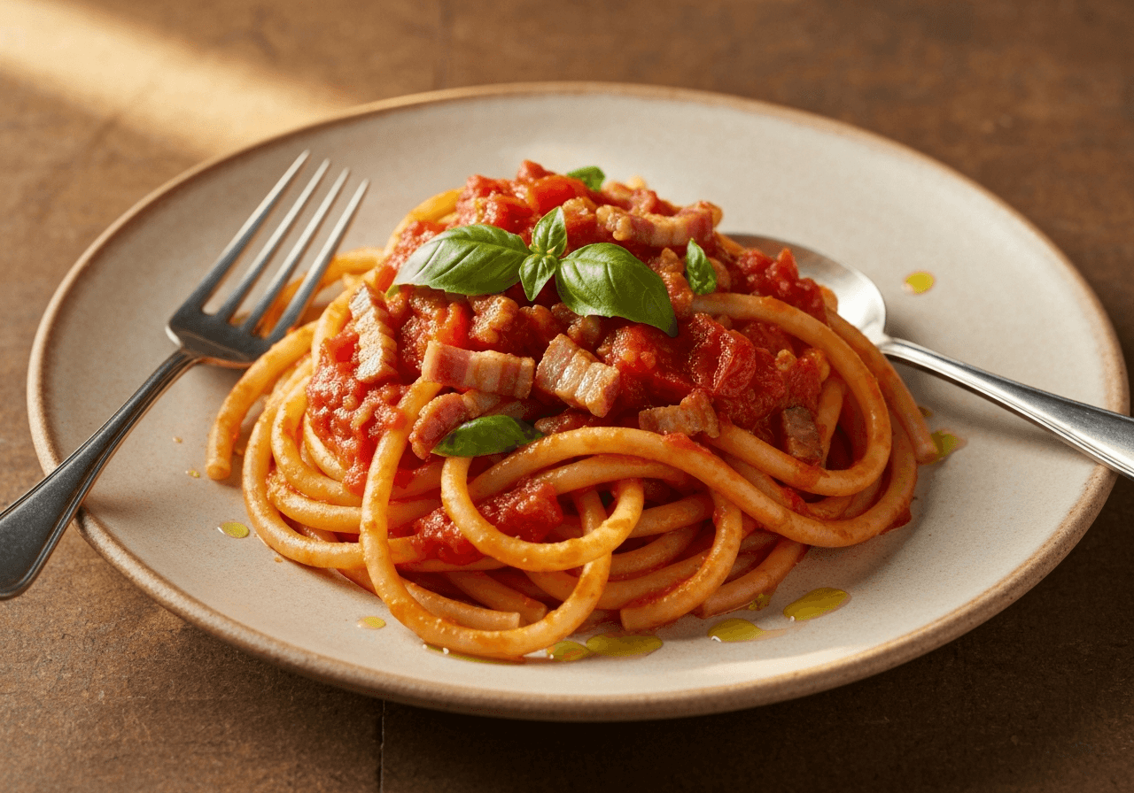 Finished Bucatini all'Amatriciana plated for serving