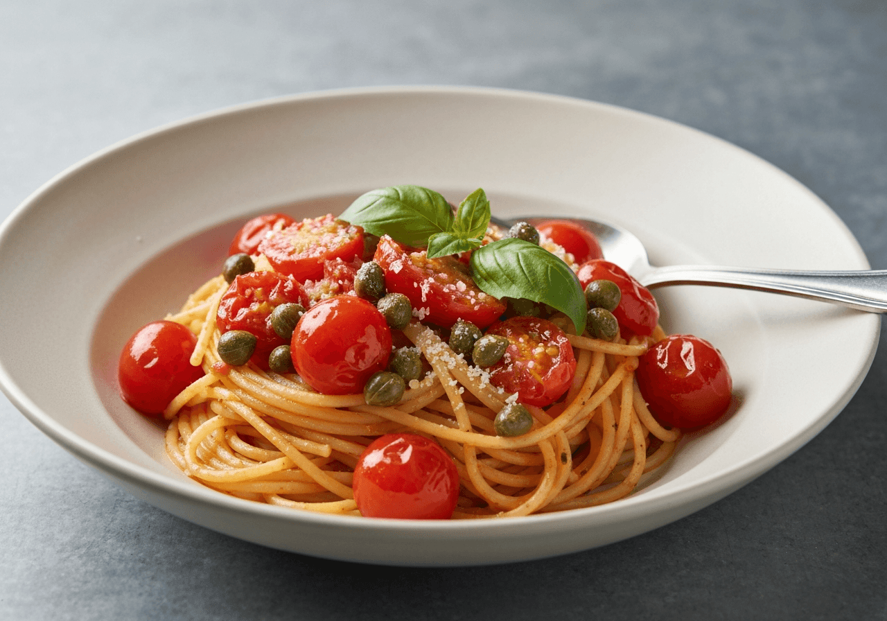 Burst Cherry Tomato and Caper Pasta in a shallow bowl.