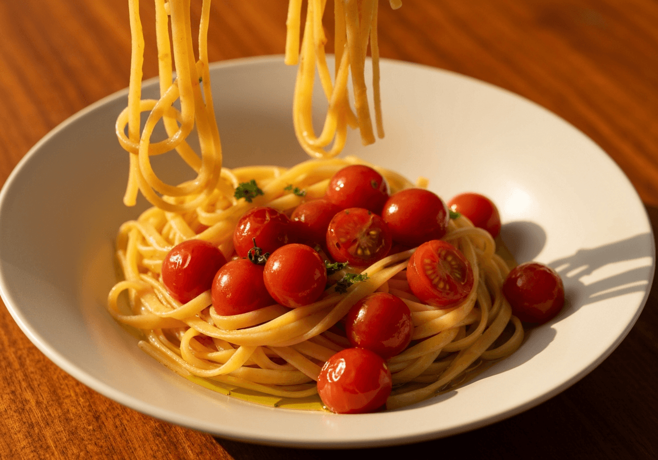 Finished Burst Cherry Tomato and Balsamic Pasta plated for serving