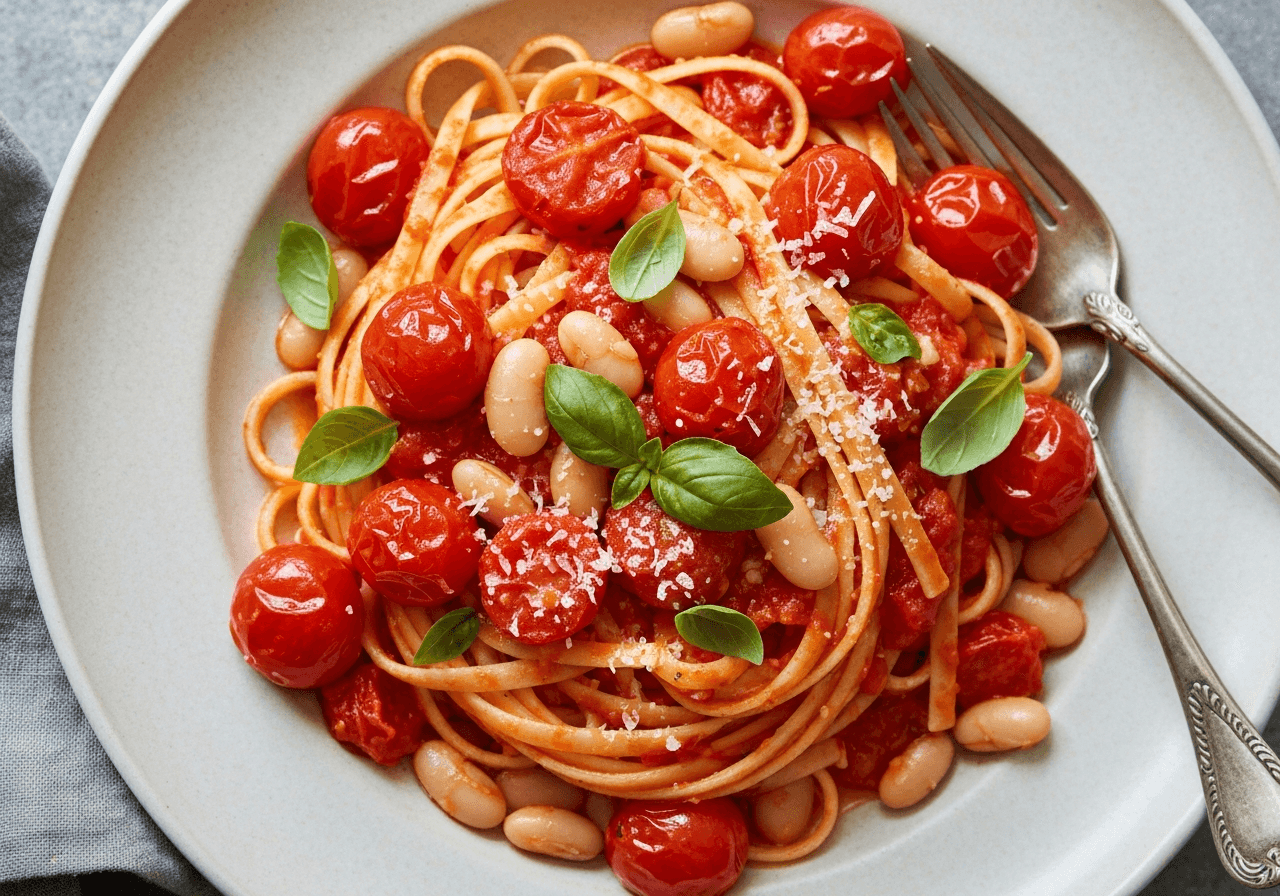 Finished Burst Tomato and White Bean Pasta plated for serving
