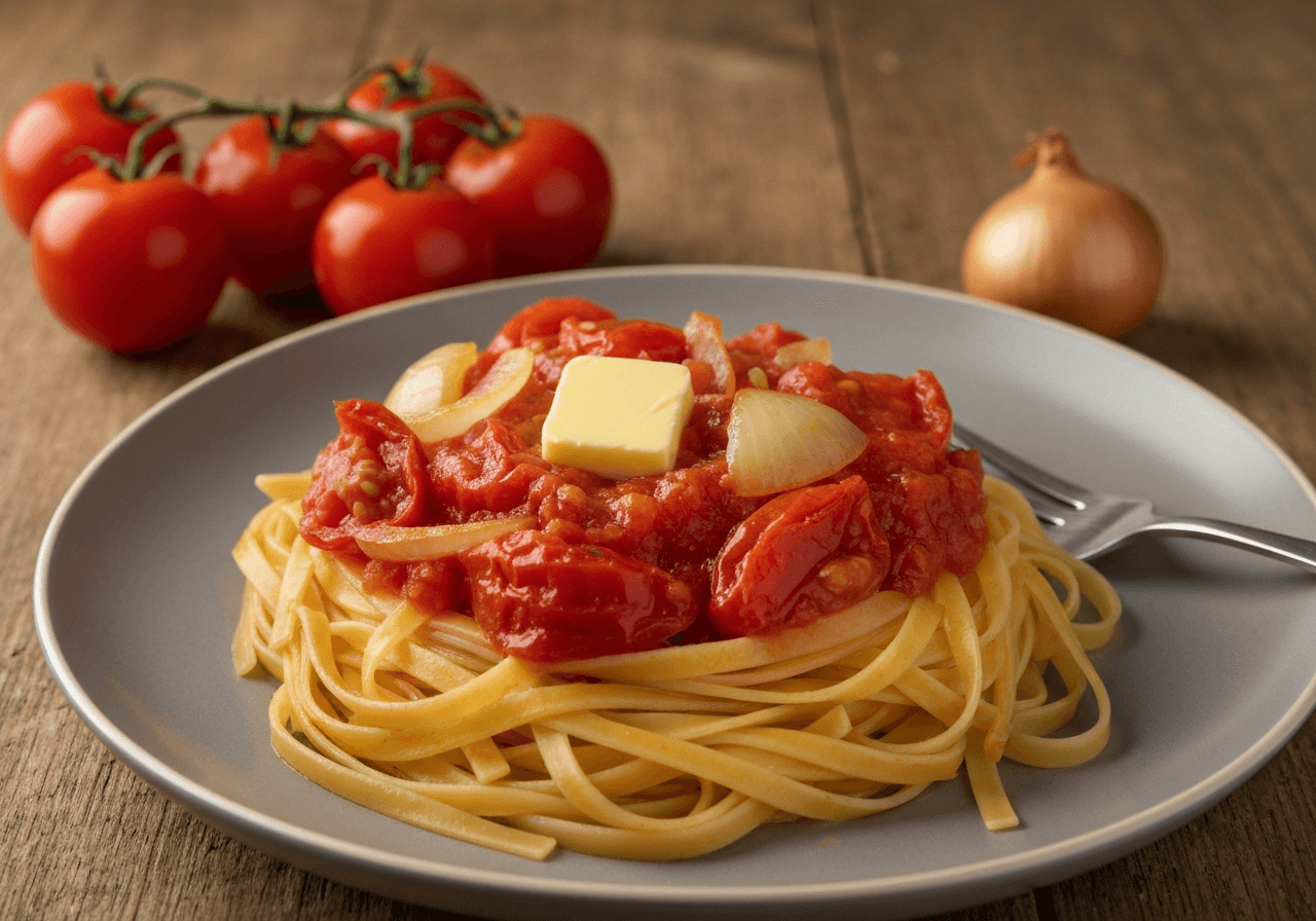 Finished Butter and Onion Tomato Pasta plated for serving