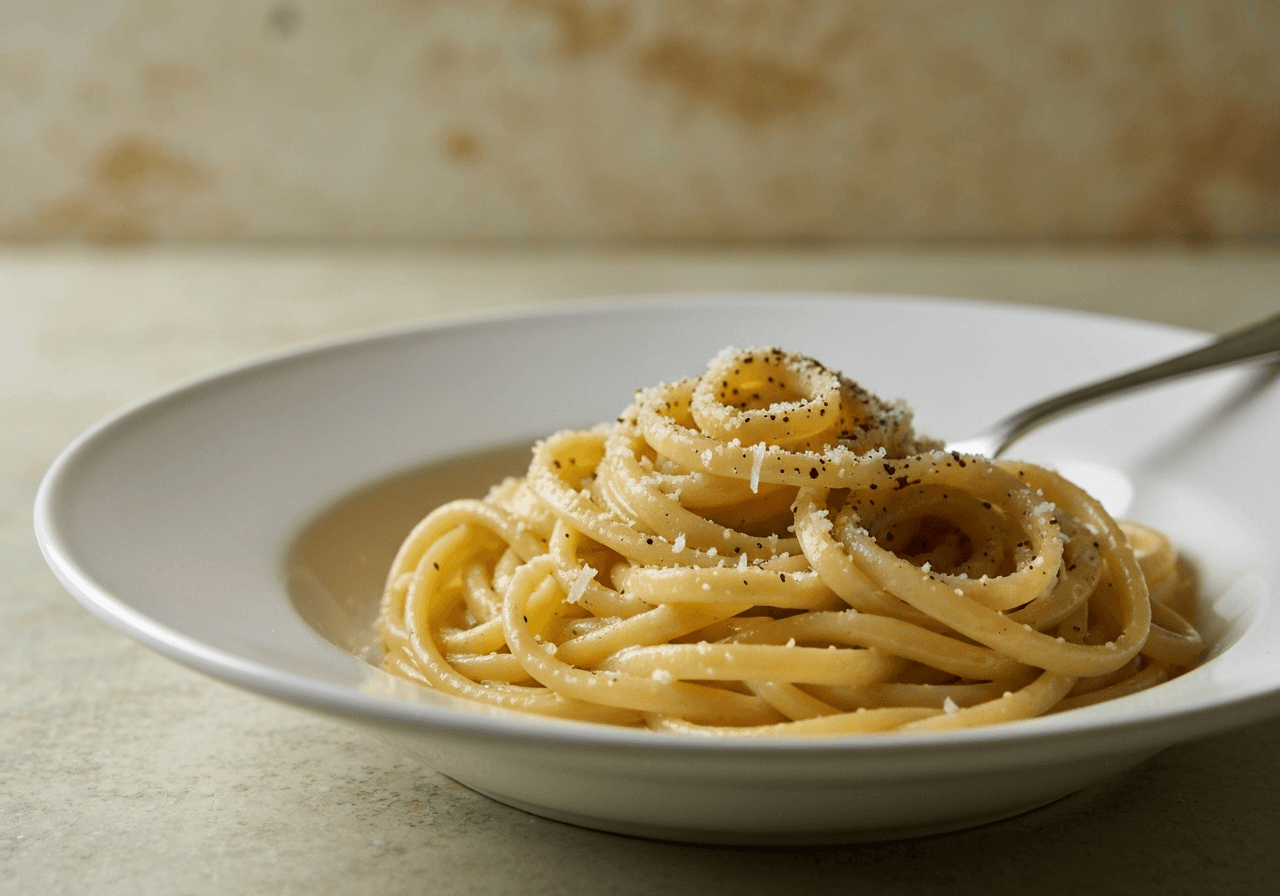 Finished Cacio e Pepe plated for serving