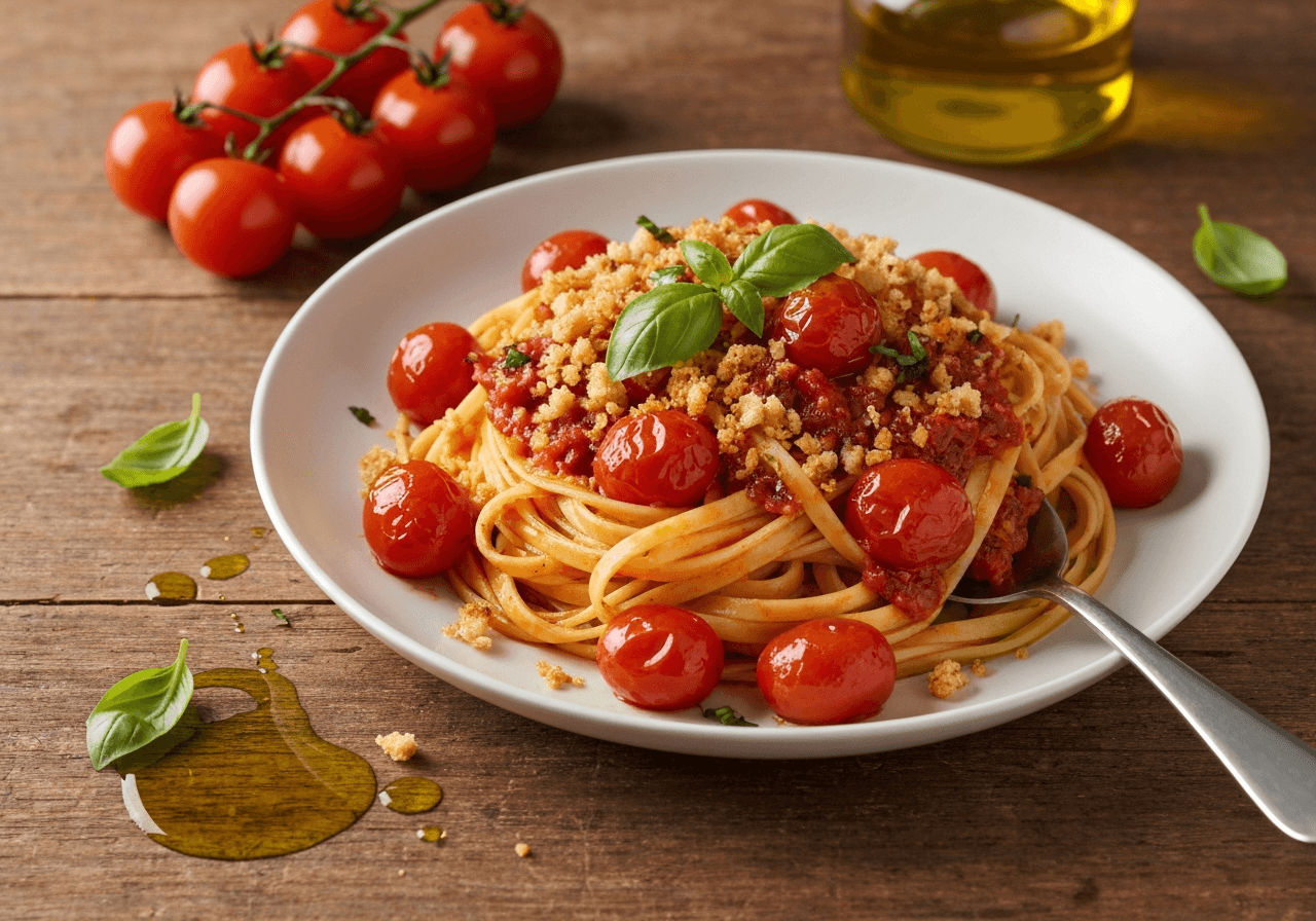 Finished Calabrian Chili and Blistered Tomato Pasta plated for serving