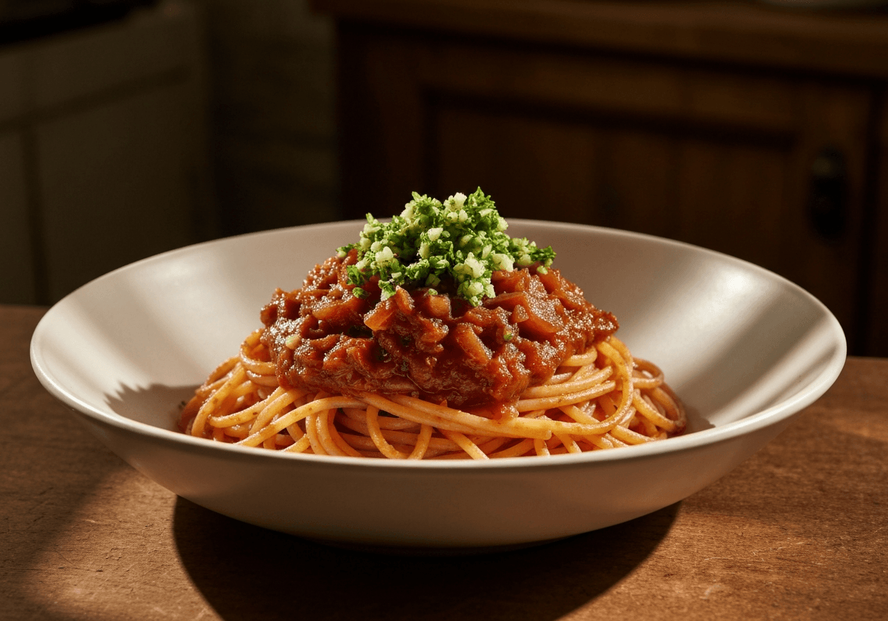 Finished Caramelized Shallot Pasta plated for serving