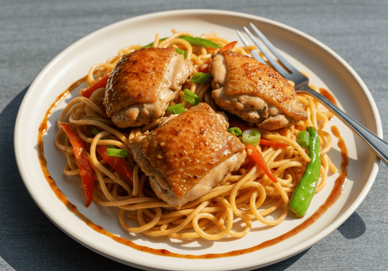 Finished Chicken Lo Mein plated for serving