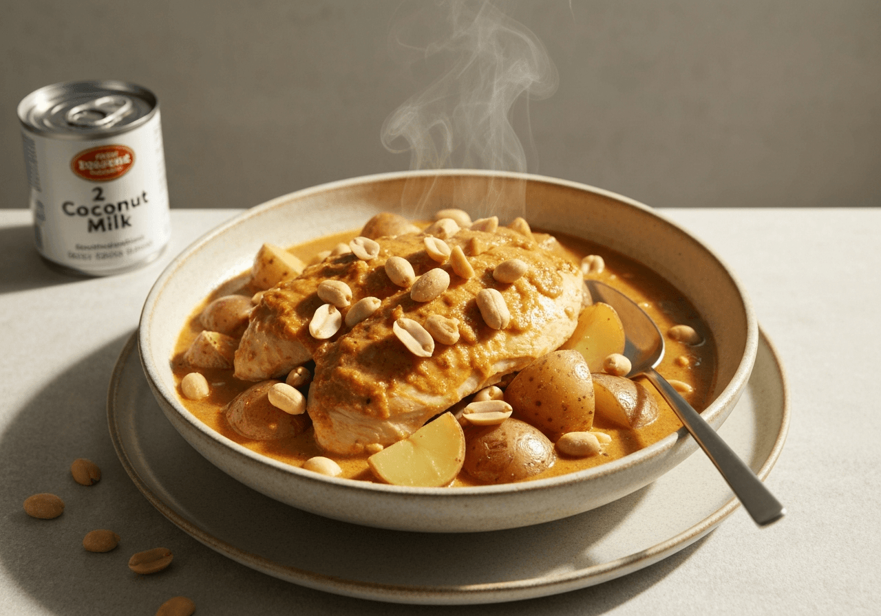 Finished Chicken Massaman Curry with Potatoes and Peanuts plated for serving
