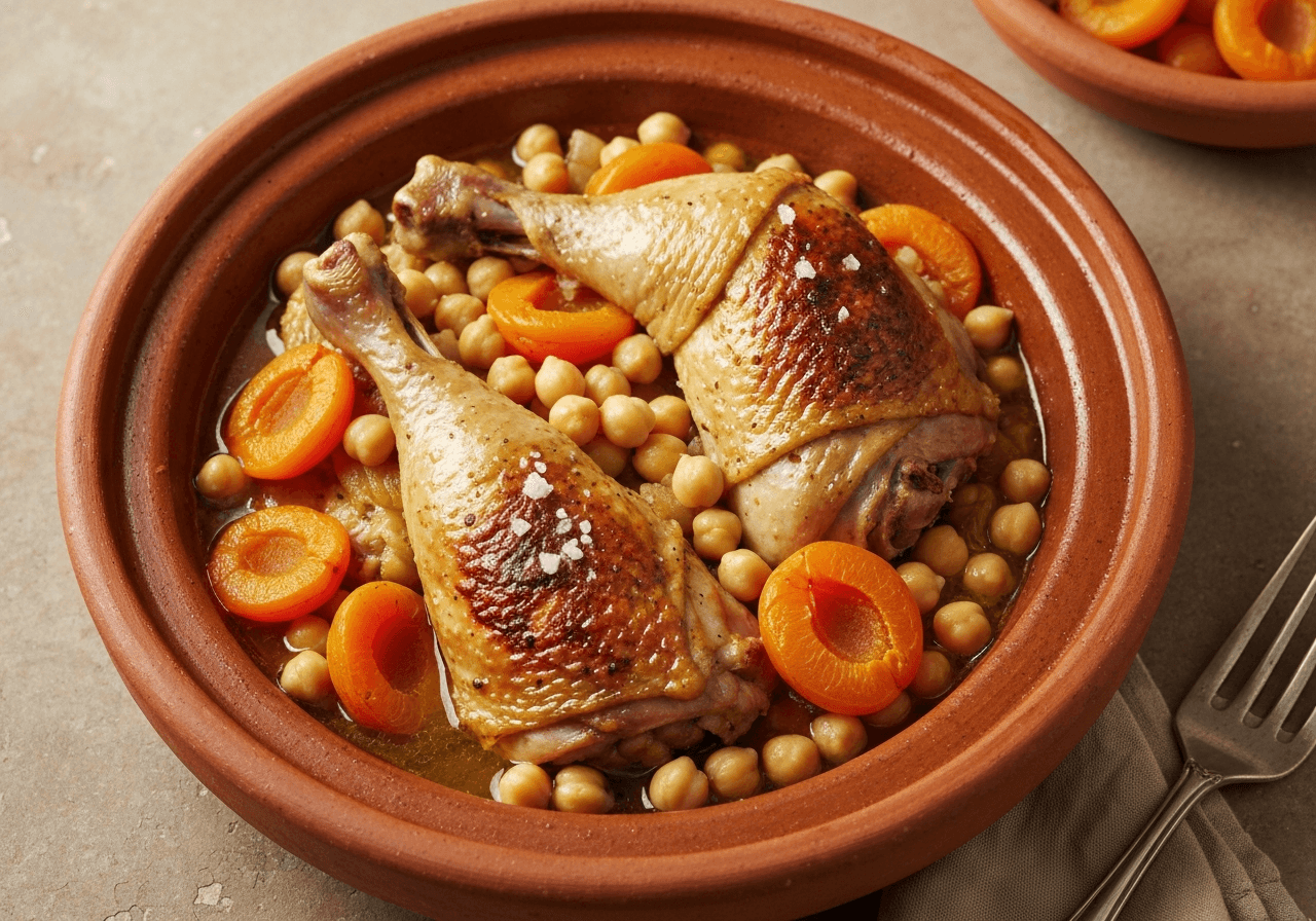 Finished Chicken Tagine with Apricots and Chickpeas plated for serving
