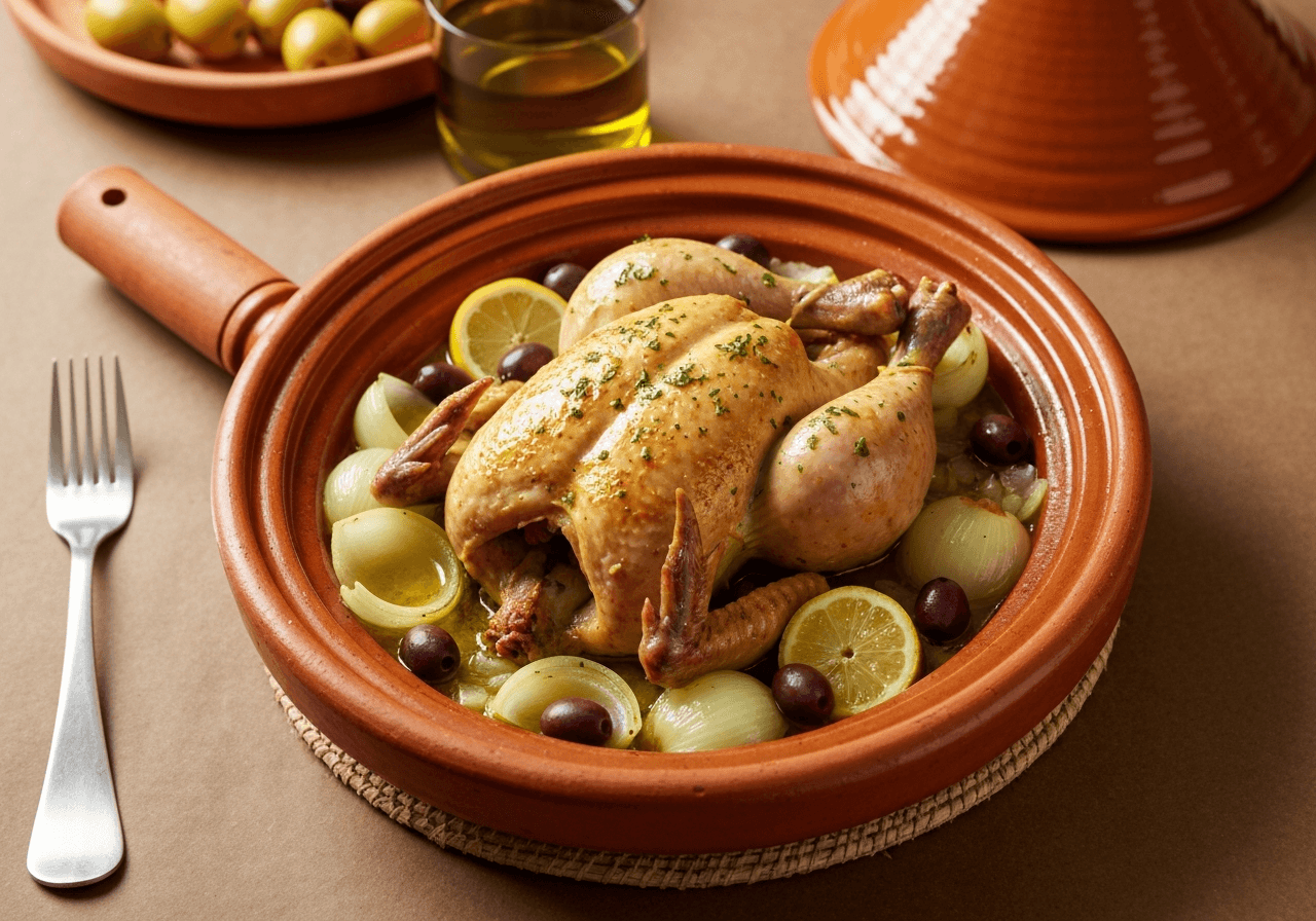 Finished Chicken Tagine with Preserved Lemons and Olives plated for serving