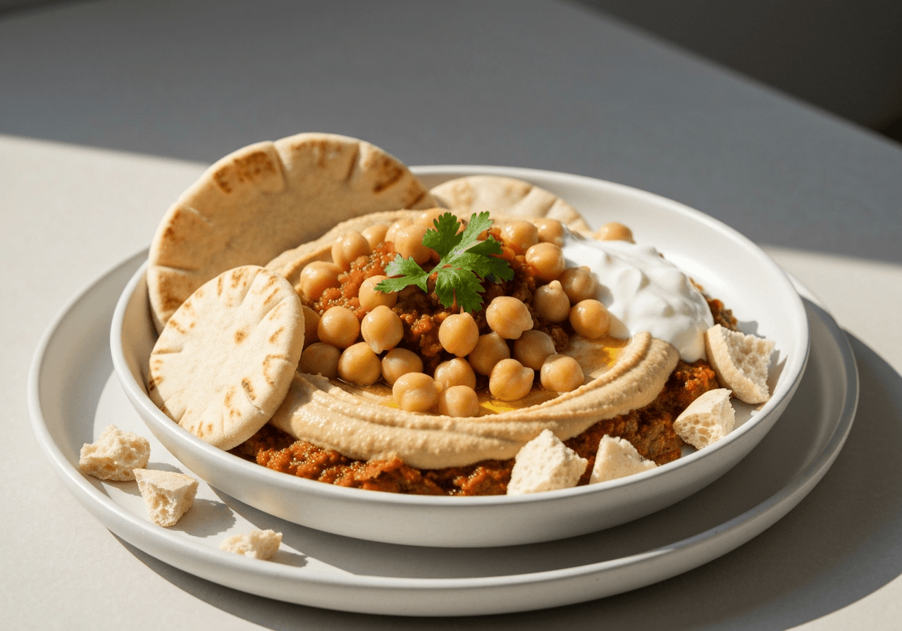Finished Chickpea Fatteh (Fattet Hummus) plated for serving