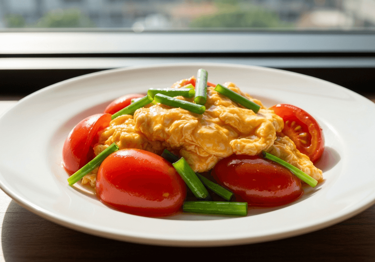 Finished Chinese Tomato Egg Stir Fry plated for serving
