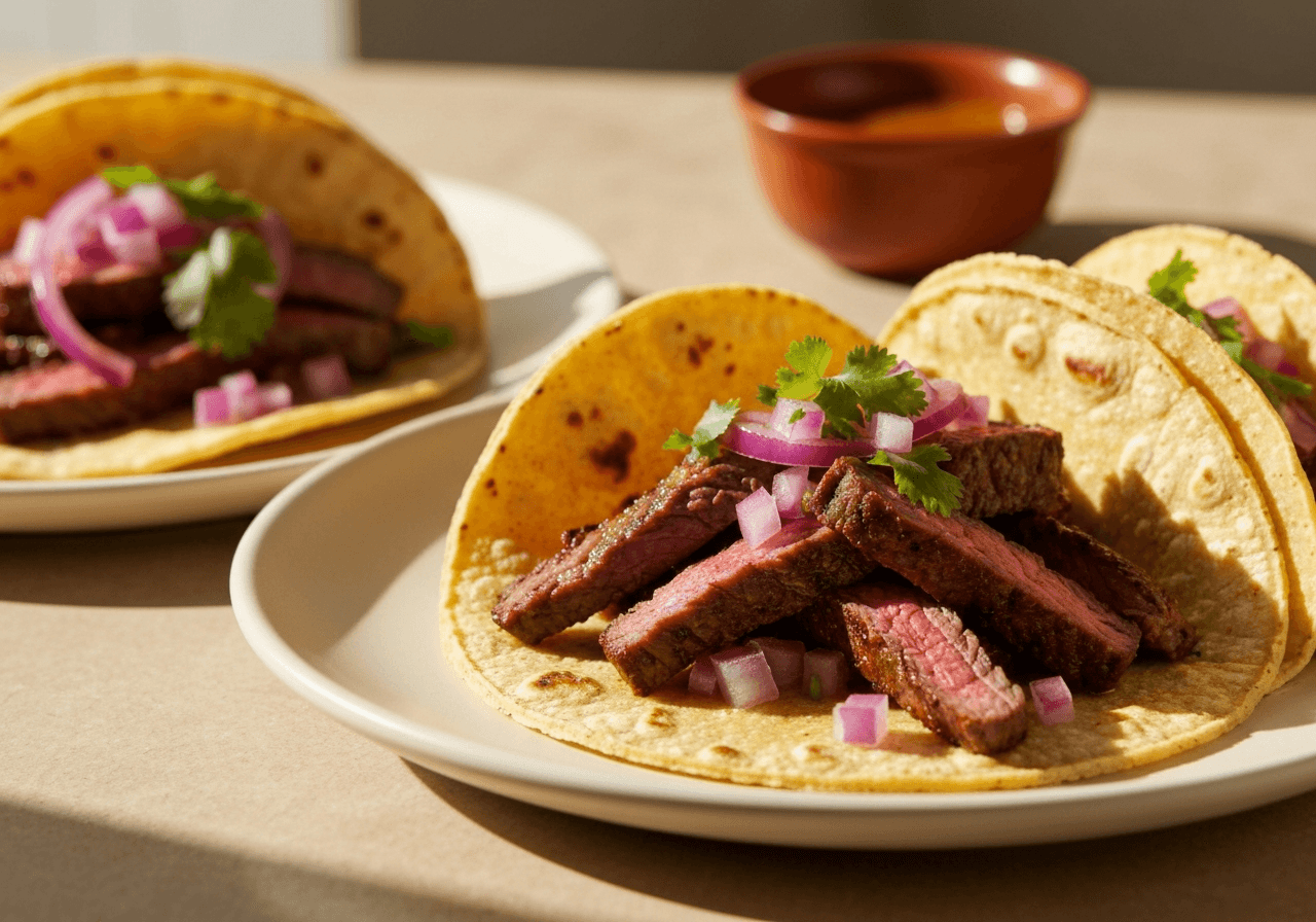Finished Citrus-Marinated Street Tacos plated for serving
