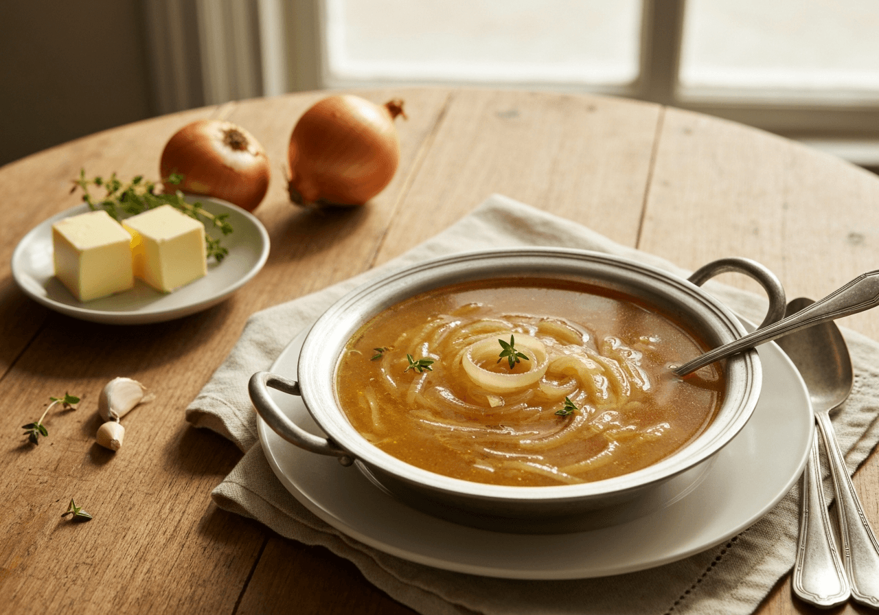 Finished Classic French Onion Soup plated for serving