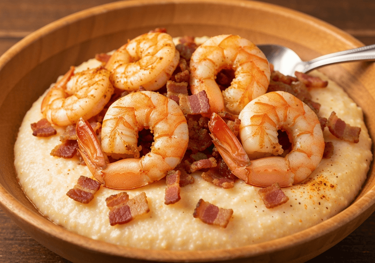 Finished Classic Southern Shrimp and Grits plated for serving