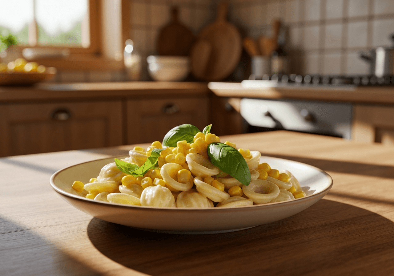 Finished Creamy Corn Pasta with Basil plated for serving