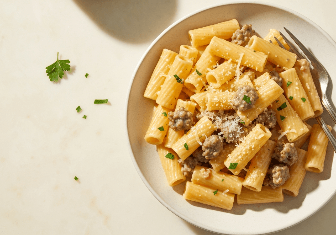 Finished Creamy Italian Sausage Rigatoni plated for serving