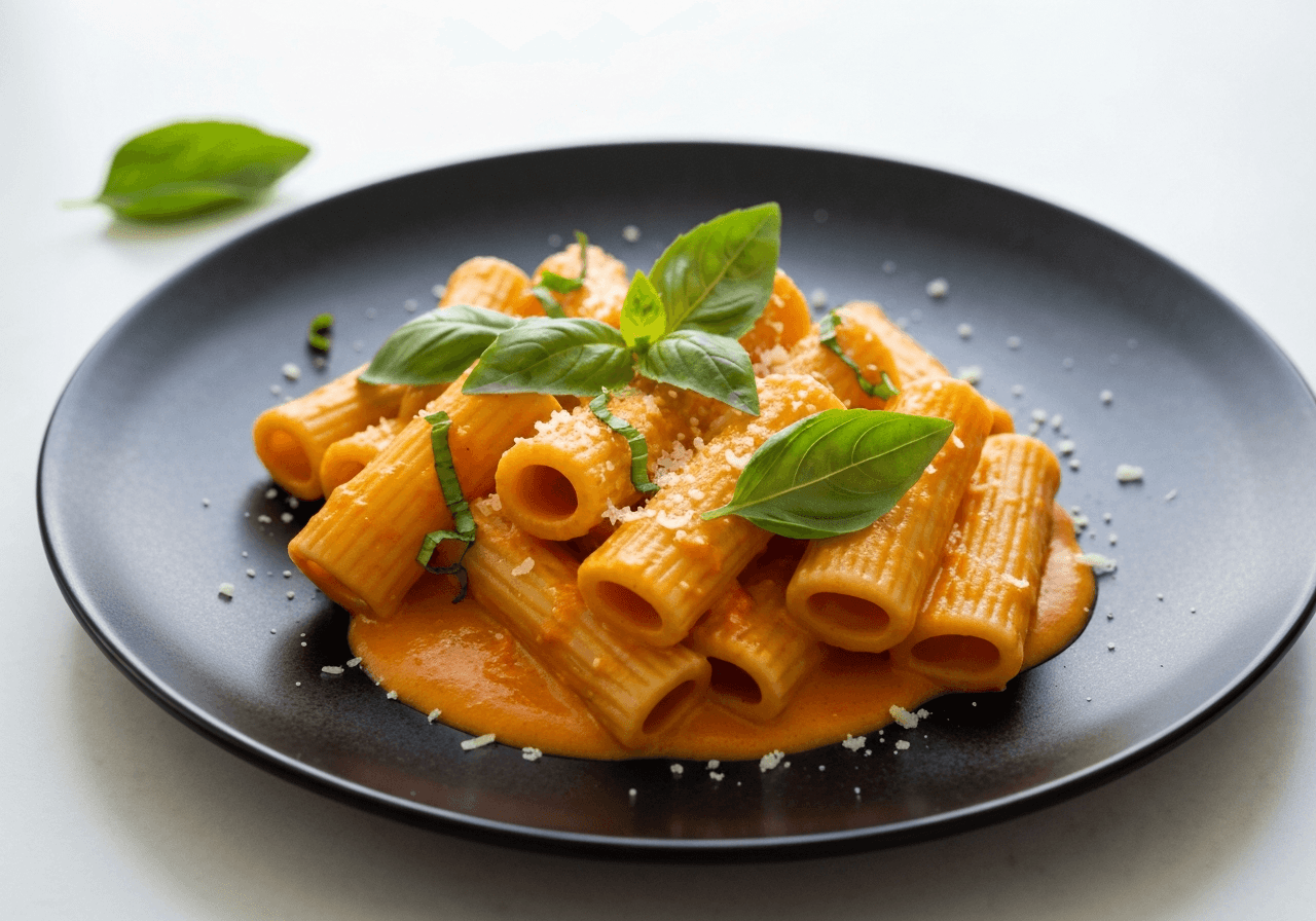 Finished Creamy Tomato Paste and Basil Rigatoni plated for serving