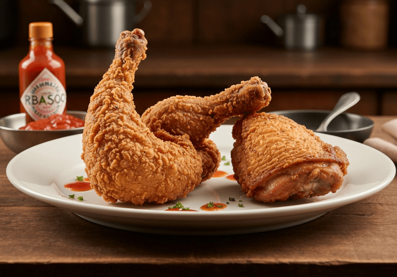 Finished Crispy Buttermilk Fried Chicken plated for serving