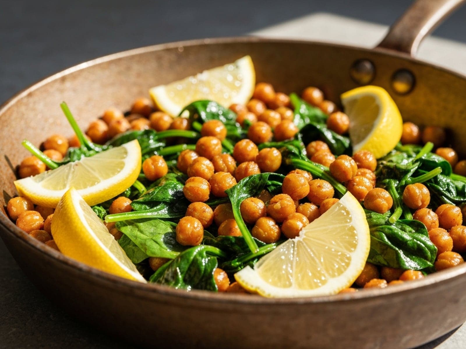 Finished Crispy Chickpea Spinach Skillet plated for serving