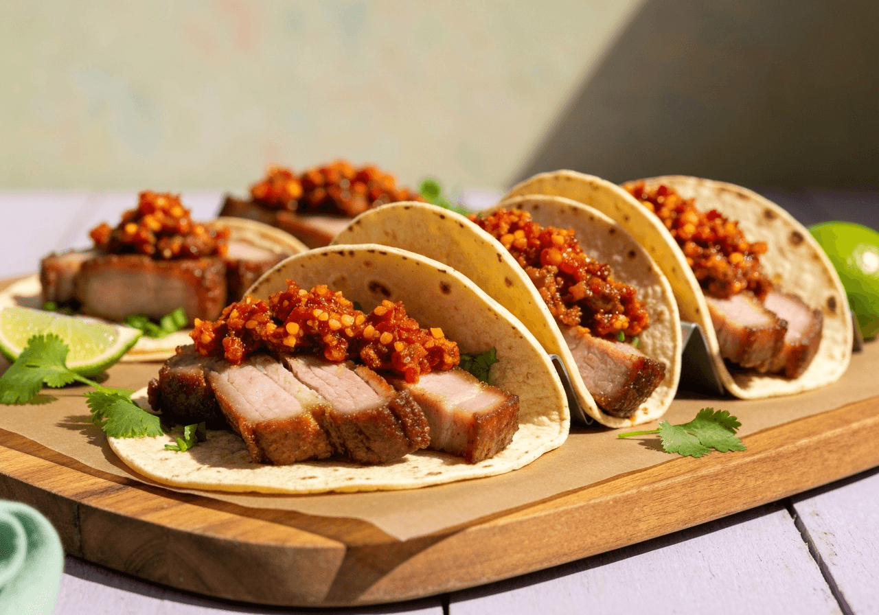 Finished Crispy Pork Carnitas Tacos plated for serving