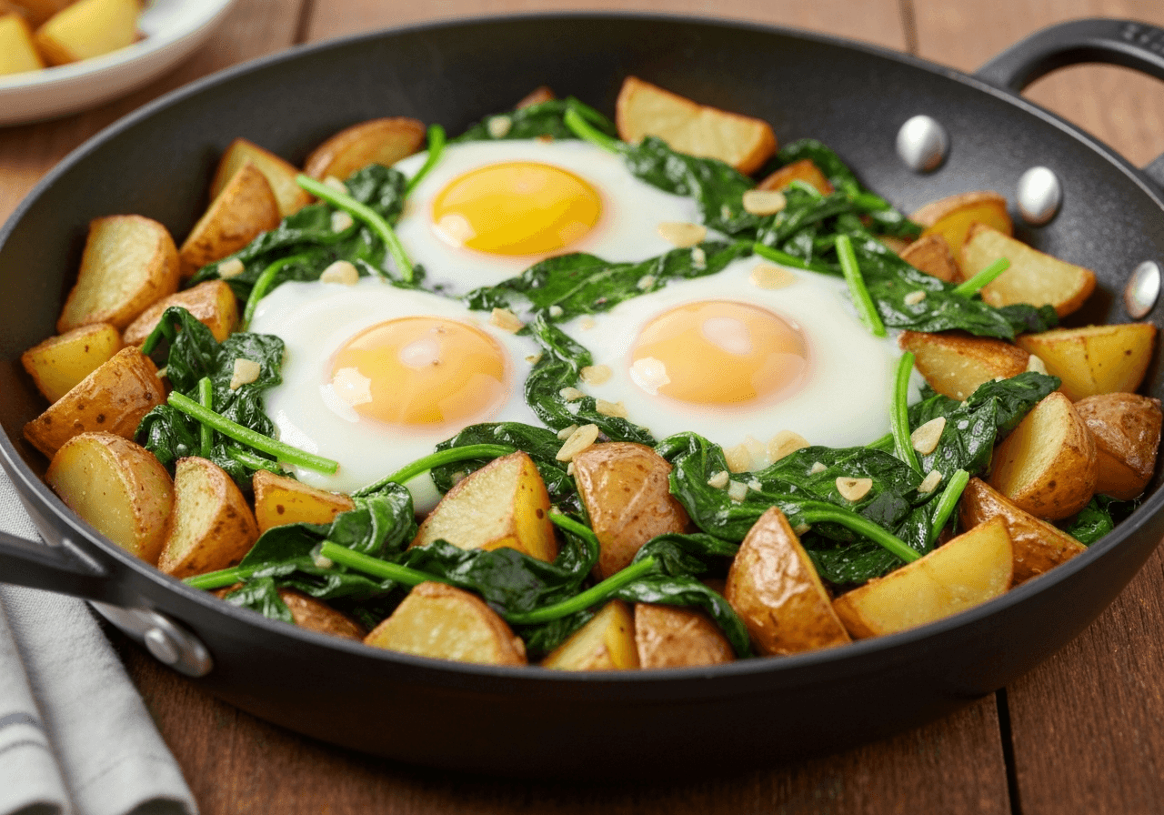 Finished Crispy Potato and Spinach Egg Skillet plated for serving