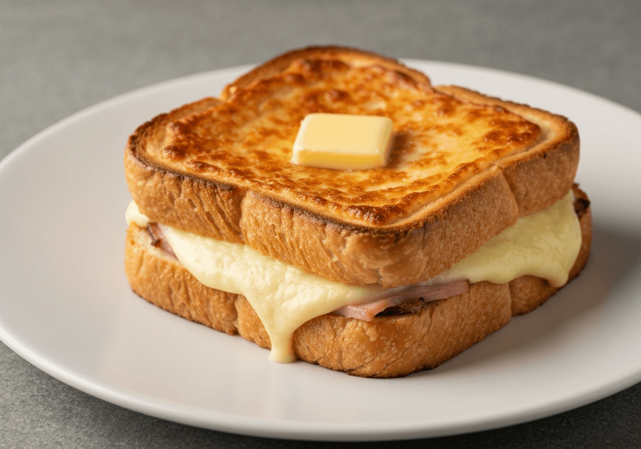 Finished Croque Monsieur plated for serving