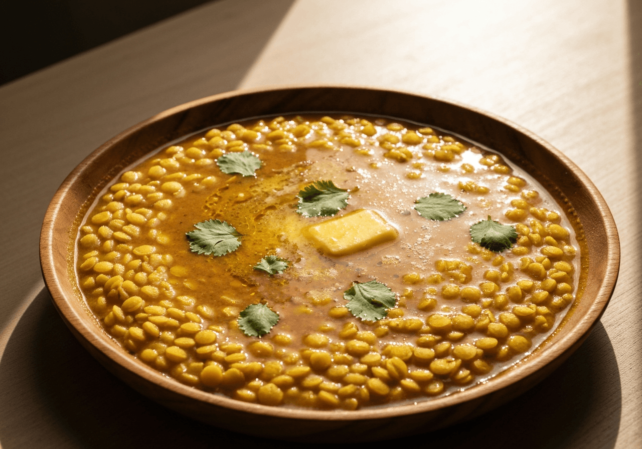 Finished Dal (Indian Lentil Curry) plated for serving