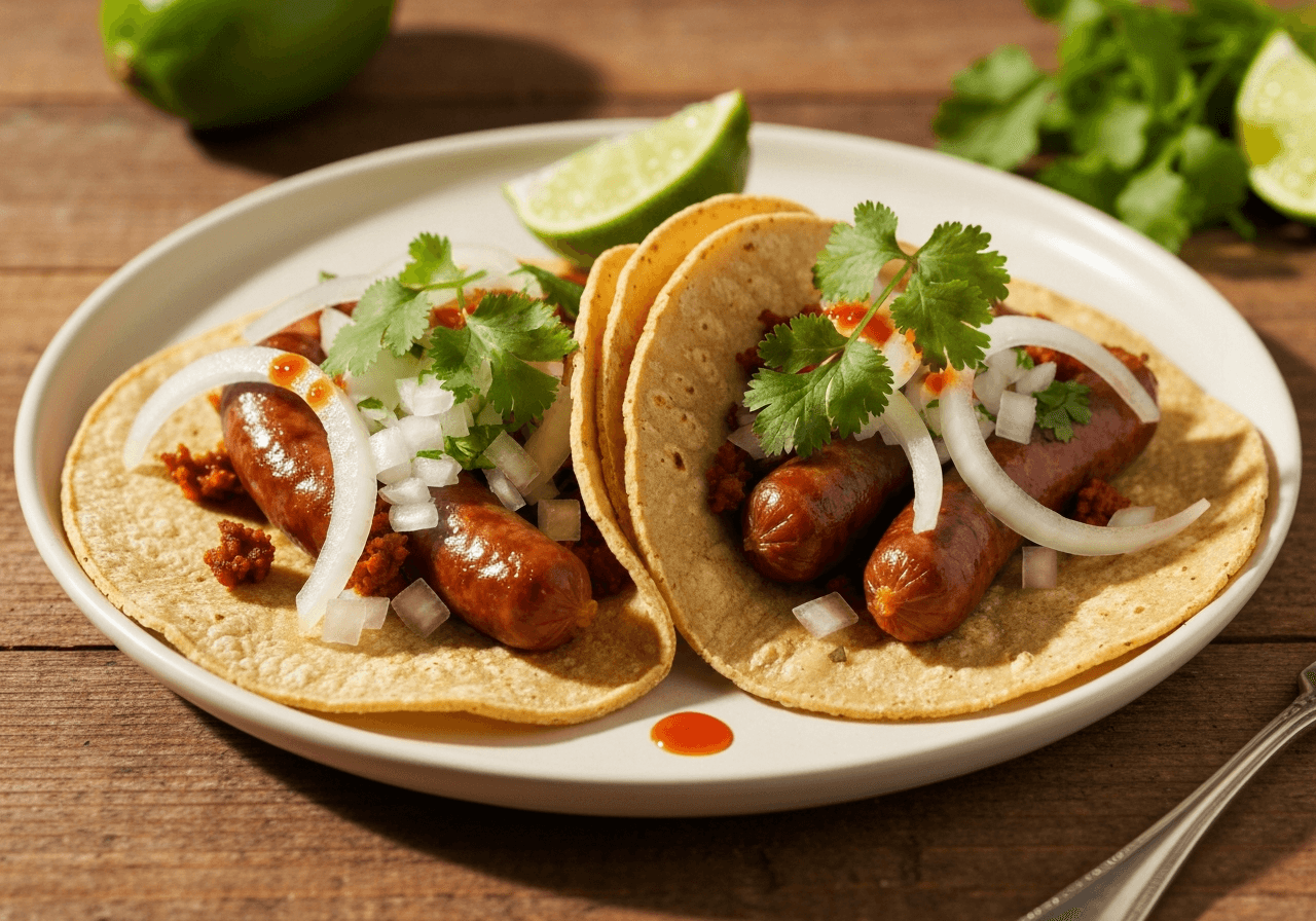 Finished Easy Chorizo Street Tacos plated for serving