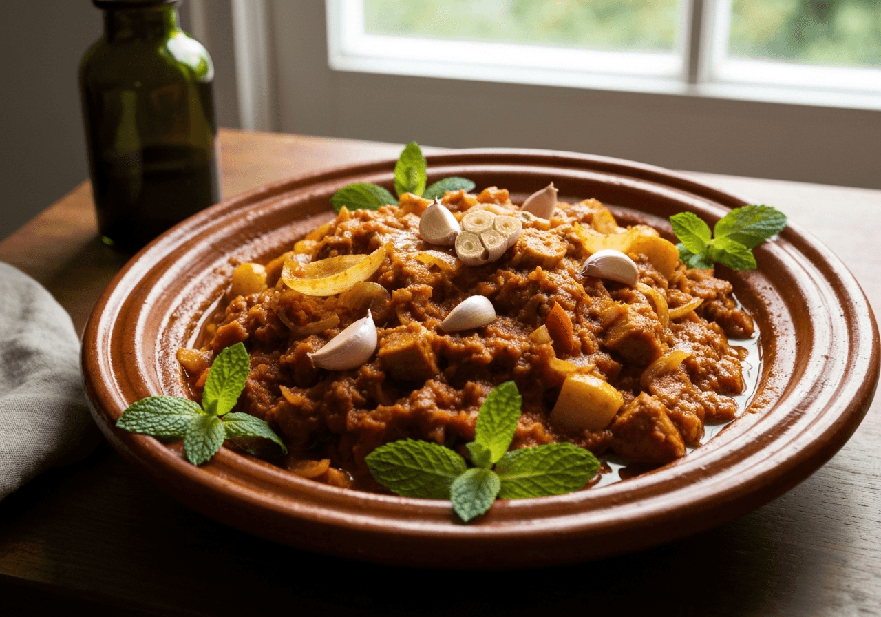 Finished Easy Moroccan Vegetable Tagine with Harissa plated for serving