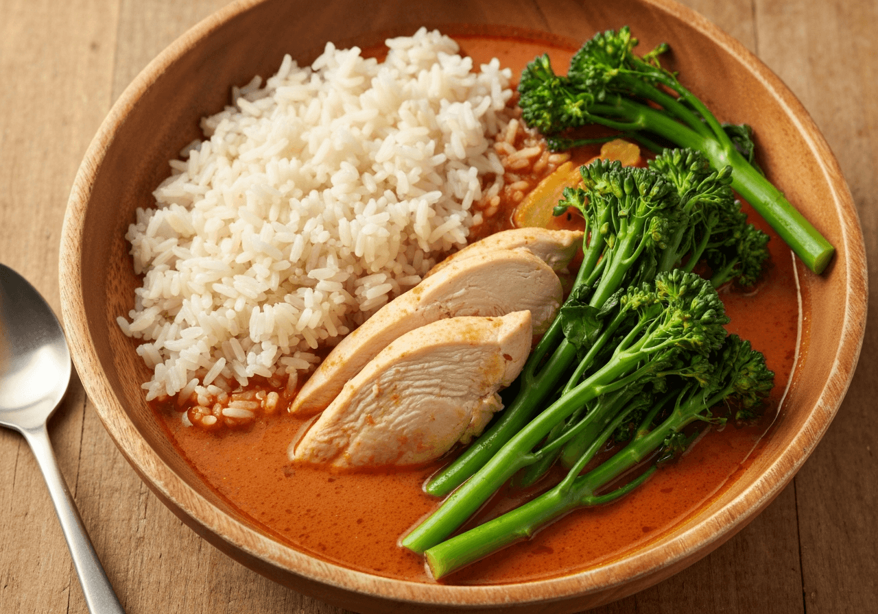 Finished Easy Thai Red Curry with Chicken and Broccolini plated for serving