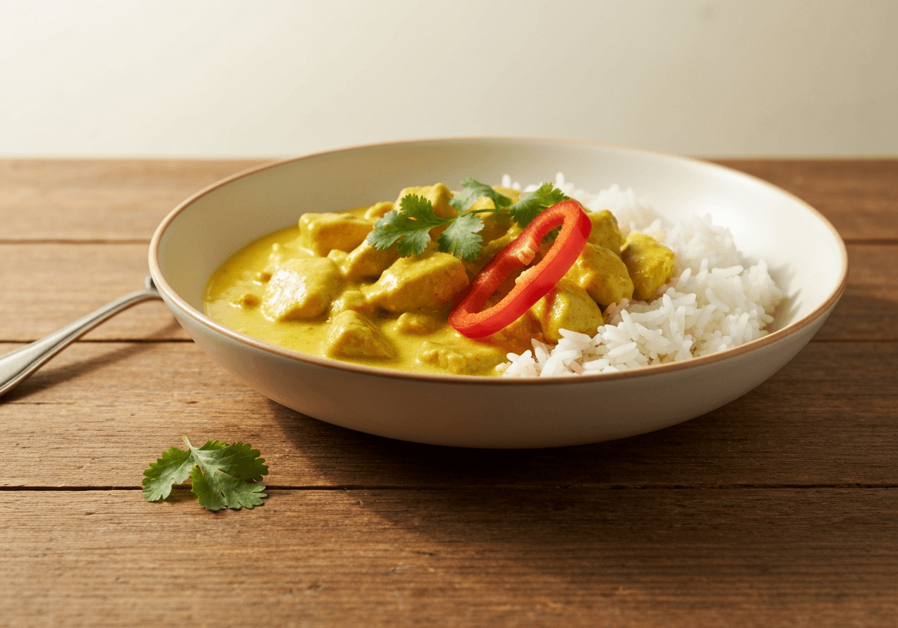 Finished Easy Yellow Curry with Chicken plated for serving