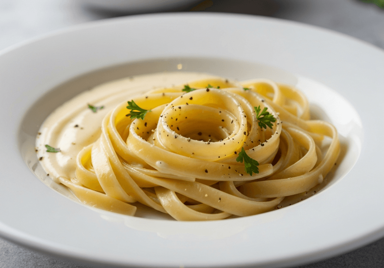 Finished Fettuccine Alfredo plated for serving