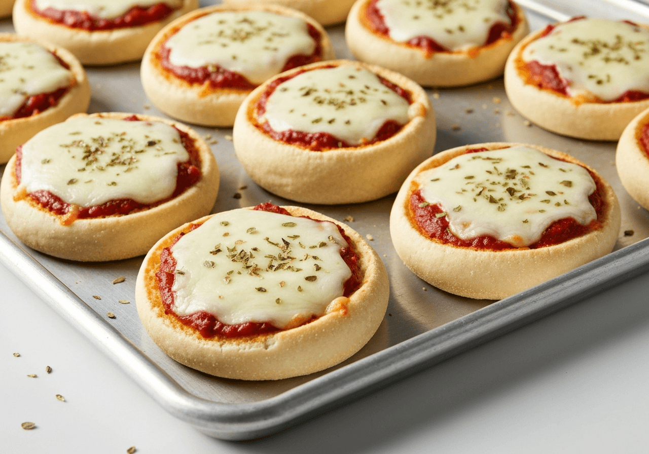 Finished Frozen English Muffin Pizzas plated for serving