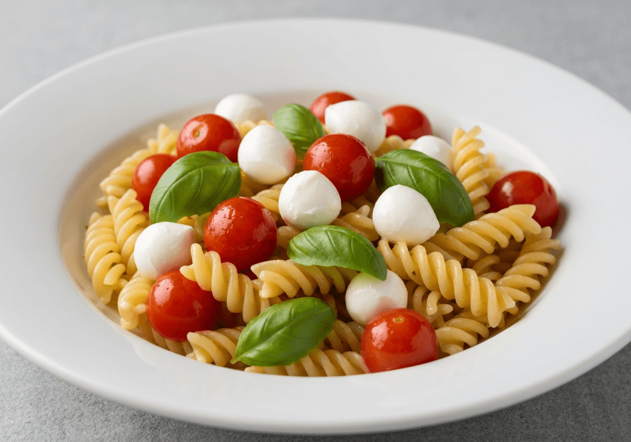 Finished Fusilli Alla Caprese plated for serving