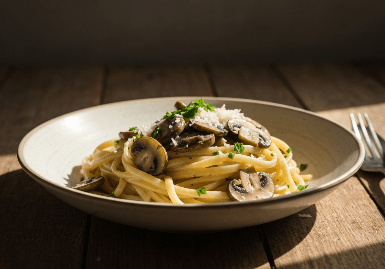 Finished Garlic Mushroom Pasta plated for serving