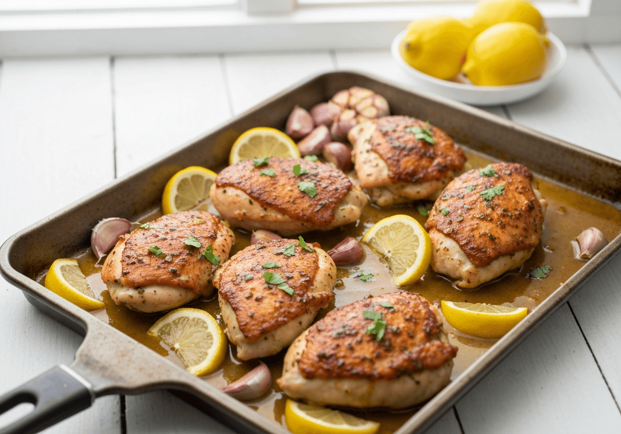 Finished Greek Sheet Pan Chicken with Ladolemono plated for serving